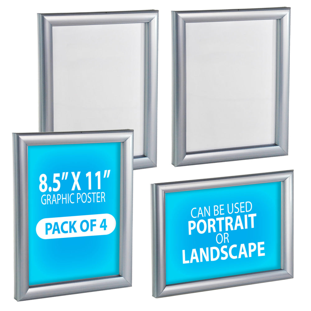 Azar Displays Plastic Wall Mount Snap Wall Frame Vertical/Horizontal Sign Holders, 11inH x 8-1/2inW x 3/4inD, Silver, Pack Of 4 Sign Holders