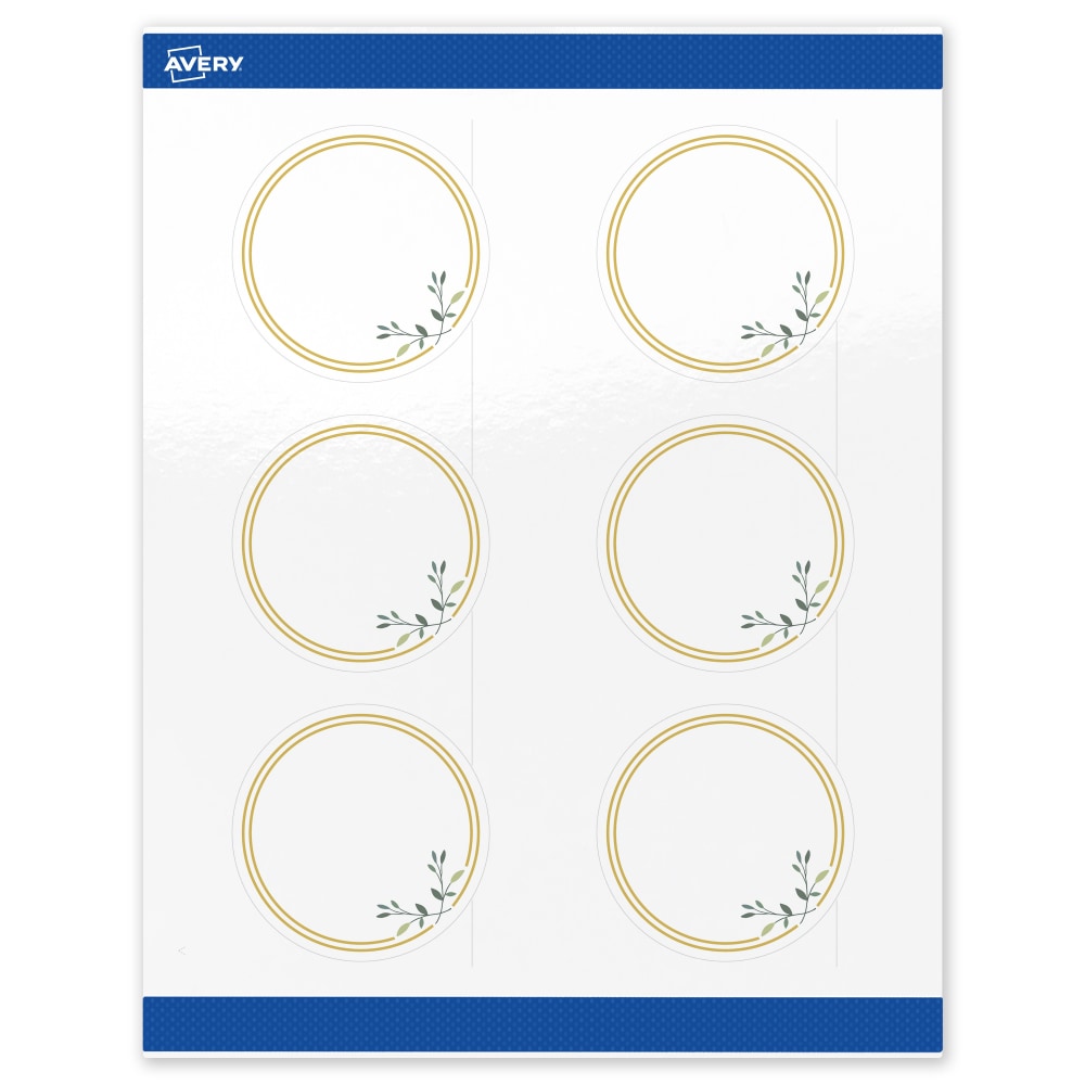 Avery Print-To-The-Edge Labels & Sure Feed, S00-DMR-PRWGP10, 3in Round, Glossy White, Preprinted Double Gold Border & Floral Design, Pack Of 60
