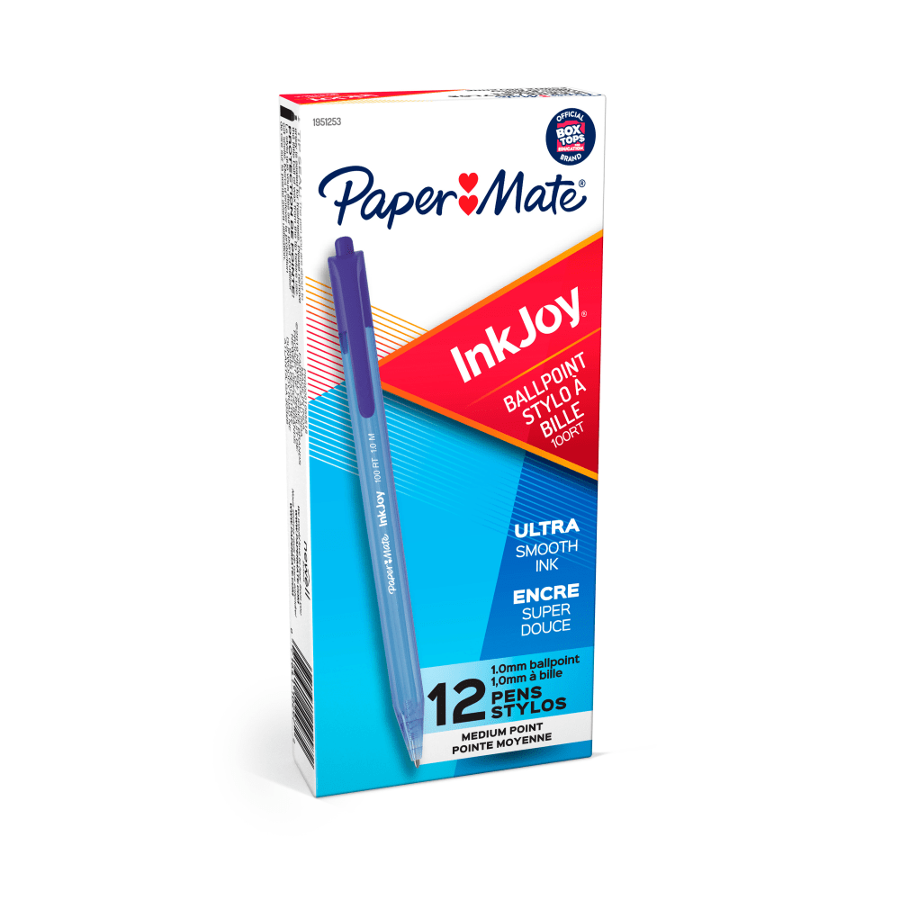 Paper Mate InkJoy 100 RT Pens, Medium Point, 1.0 mm, Translucent Blue Barrels, Blue Ink, Pack Of 12