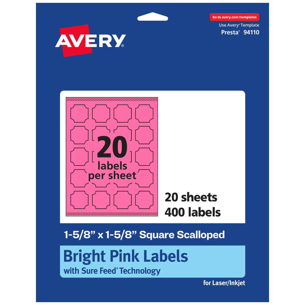 Avery Print-To-The-Edge Labels With Sure Feed Technology, 94110-BPP20, Square Scalloped, 1-5/8in x 1-5/8in, Matte Bright Pink, Pack of 400