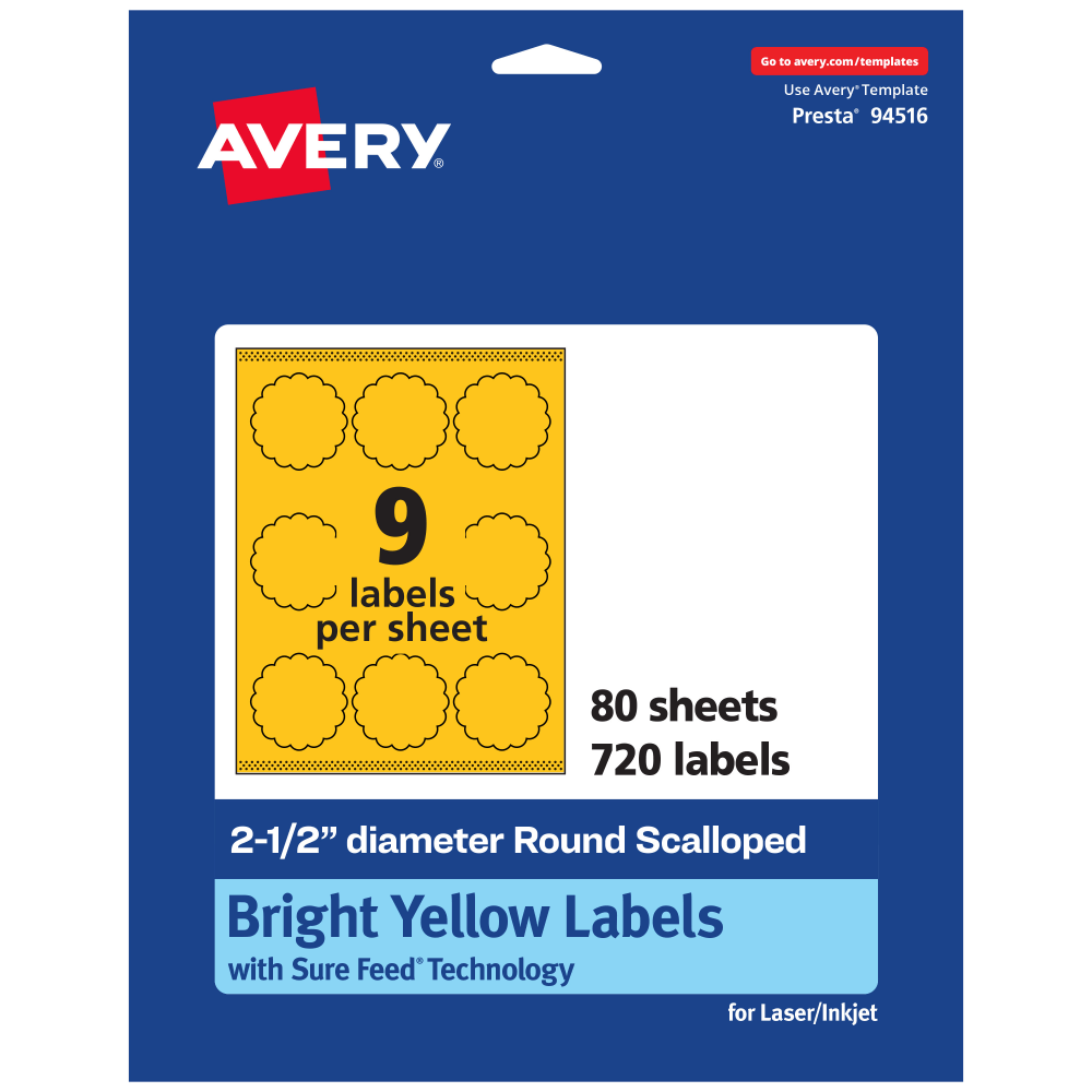 Avery Print-To-The-Edge Labels With Sure Feed Technology, 94516-BYP80, Round Scalloped, 2-1/2in, Matte Bright Yellow, Pack of 720