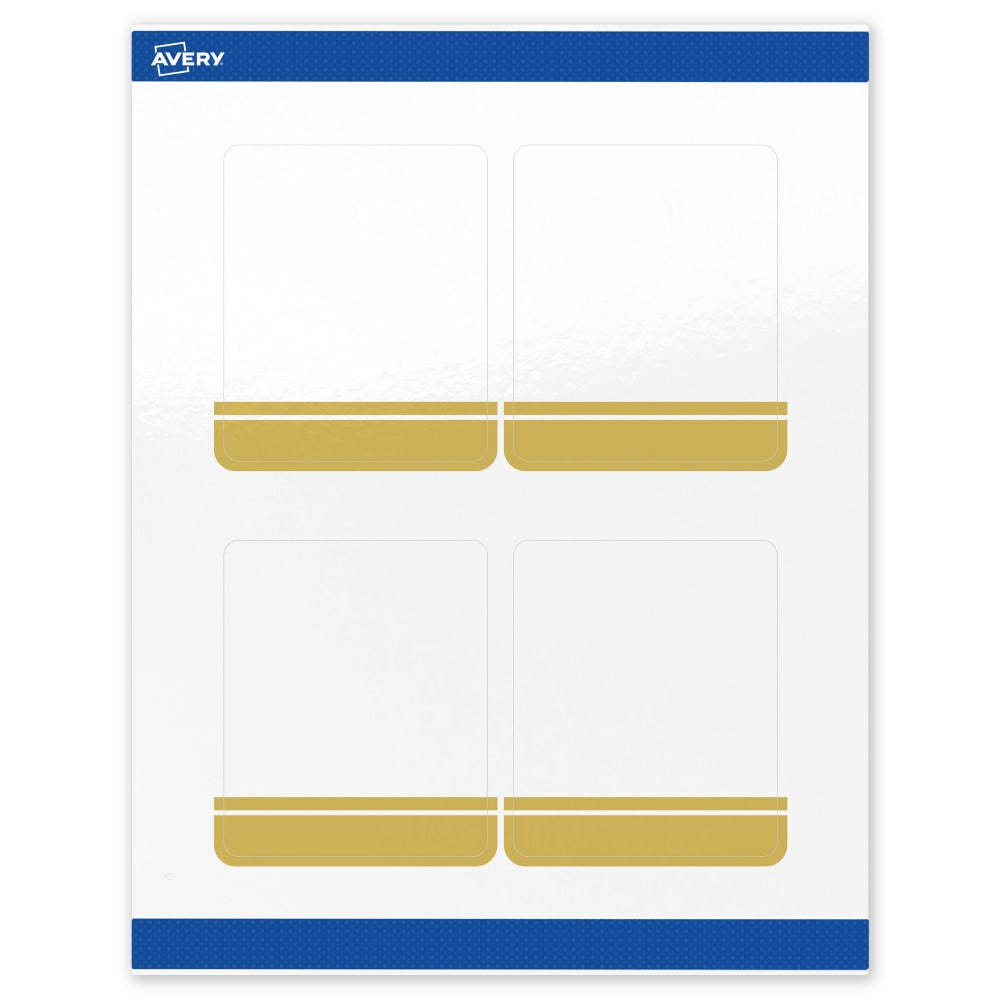Avery Print-To-The-Edge Labels & Sure Feed, S00-DKA-PRWGP10, 4in x 3-1/3in, Glossy White, Preprinted Double Dipped Gold Edge Design, Pack Of 40