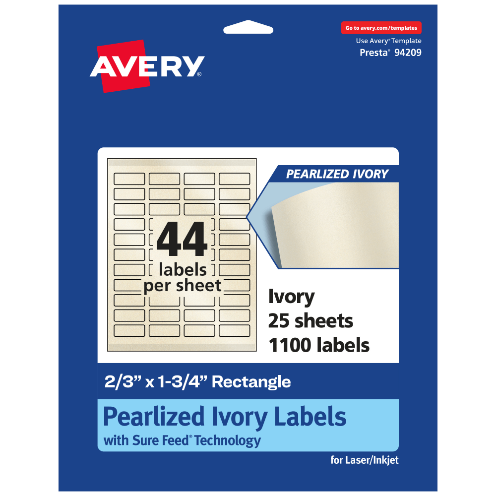 Avery Pearlized Permanent Labels With Sure Feed, 94209-PIP25, Rectangle, 2/3in x 1-3/4in, Ivory, Pack Of 1,100 Labels