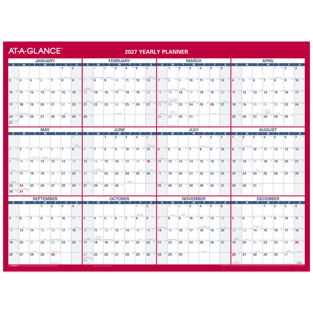AT-A-GLANCE 2027 Vertical Horizontal Reversible Erasable Yearly Wall Calendar, Small, 12in x 16in