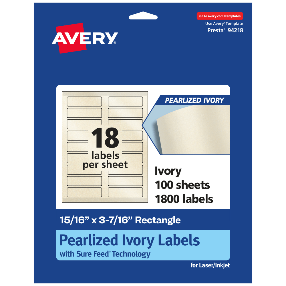 Avery Pearlized Permanent Labels With Sure Feed, 94218-PIP100, Rectangle, 15/16in x 3-7/16in, Ivory, Pack Of 1,800 Labels