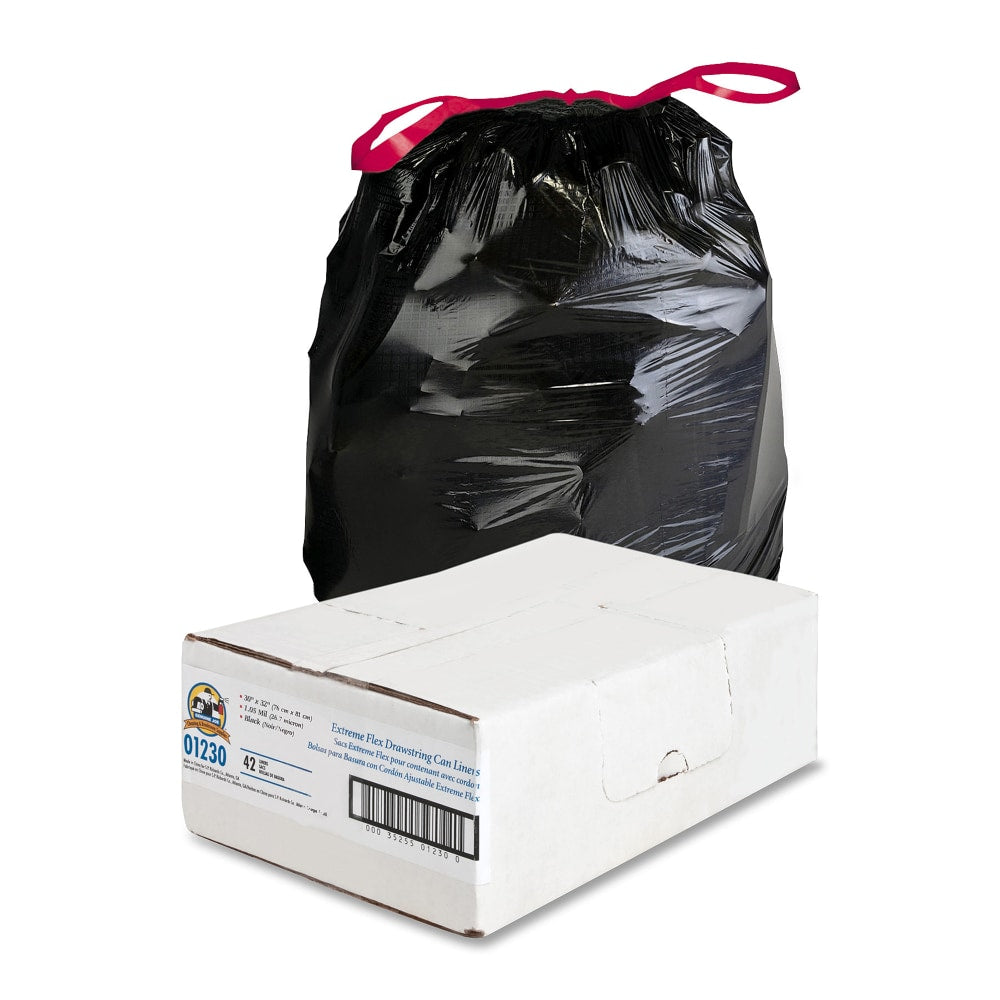 Genuine Joe Flex Drawstring Trash Liners, 1.05 mil, 30 Gallon, Black, Box Of 42