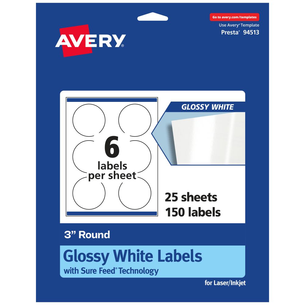 Avery Glossy Permanent Labels With Sure Feed, 94513-WGP25, Round, 3in Diameter, White, Pack Of 150