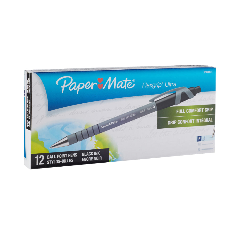 Paper Mate FlexGrip Ultra Retractable Pens, Fine Point, 0.8 mm, Black Barrel, Black Ink, Pack Of 12