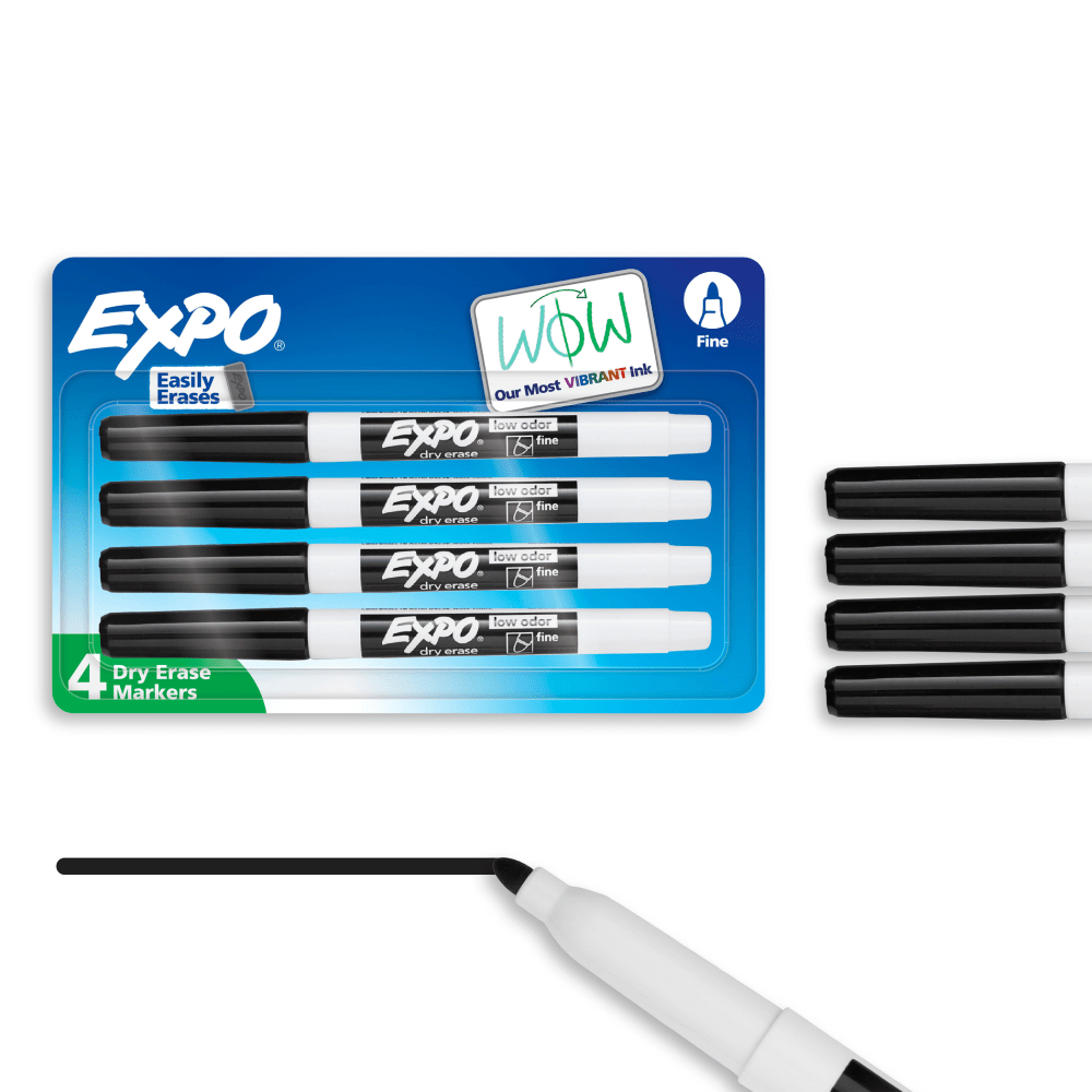EXPO Low-Odor Dry-Erase Markers, Fine Point, Black, Pack Of 4