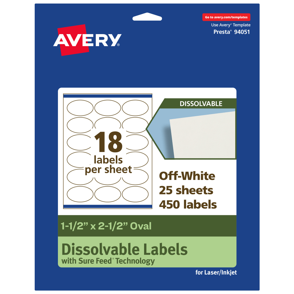 Avery Dissolvable Labels With Sure Feed Technology, 94051-DWMP25, Oval, 1-1/2inx2-1/2in, Matte Off-White, Pack Of 450