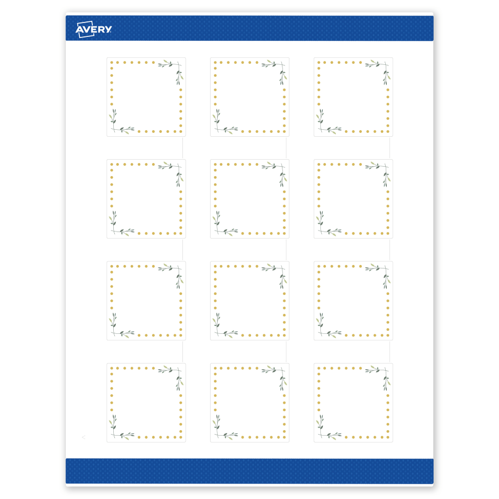 Avery Print-To-The-Edge Labels & Sure Feed, S00-DN5-PRWMP10, 2in x 2in, Matte White, Preprinted Green Floral & Gold Dots Design, Pack Of 120