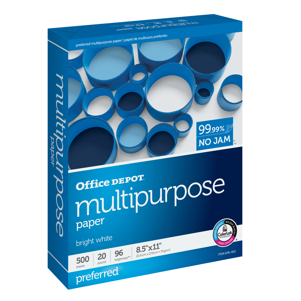Office Depot Multi-Use Printer & Copy Paper, 1 Ream, White, Letter (8.5in x 11in), 500 Sheets Per Ream, 20 Lb, 96 Brightness, 951001ODRM