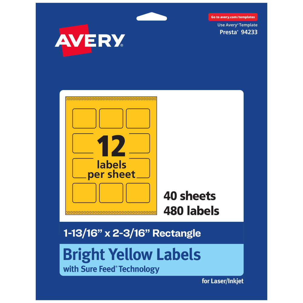 Avery Print-To-The-Edge Labels With Sure Feed Technology And Easy Peel, 94233-BYP40, Rectangle, 1-13/16inx2-3/16in, Matte Bright Yellow, Pack of 480