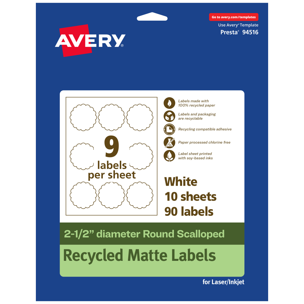Avery Recycled Paper Labels, 94516-EWMP10, Round Scalloped, 2-1/2in, White, Pack Of 90