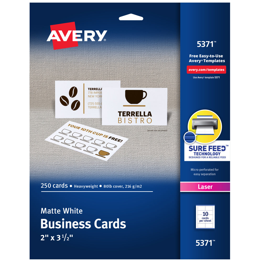 Avery Printable Microperforated Business Cards With Sure Feed Technology For Laser Printers, 2in x 3-1/2in, White, Pack Of 250 Blank Cards