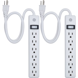 GE 6 Outlet Power Strip 2 Pack, 1ft6in Cord, White, 14833
