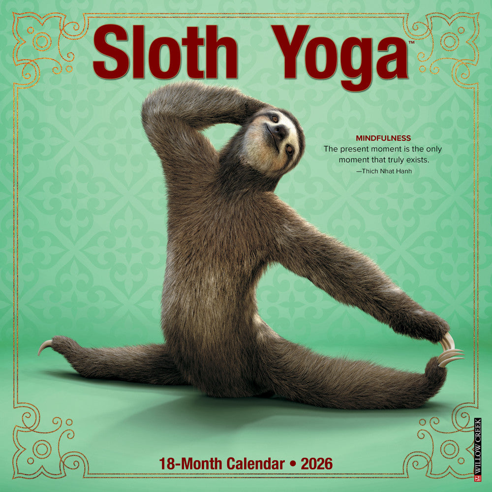 2026 Willow Creek Press Animals Monthly Wall Calendar, 12in x 12in, Sloth Yoga, January To December, 52839