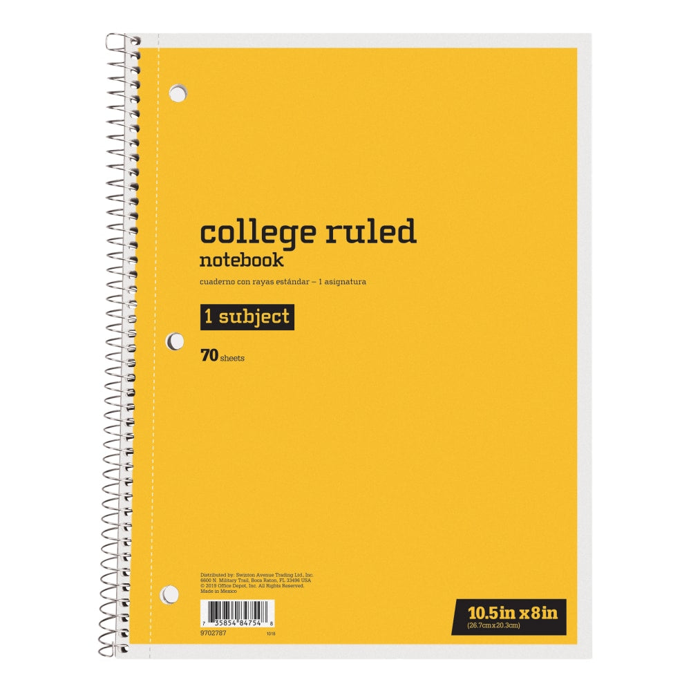 Just Basics Spiral Notebook, 8in x 10-1/2in, College Ruled, 70 Sheets, Yellow