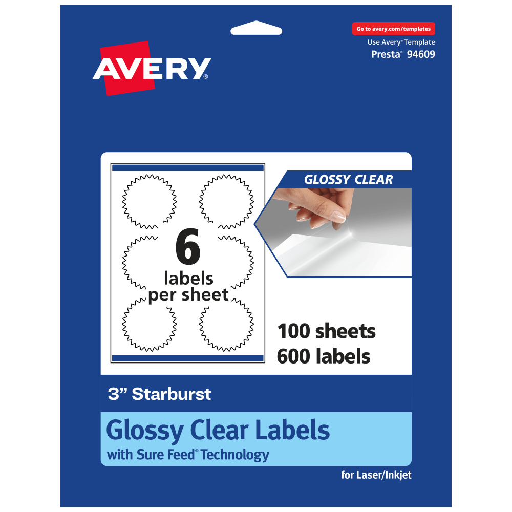 Avery Glossy Permanent Labels With Sure Feed, 94609-CGF100, Starburst, 3in, Clear, Pack Of 600