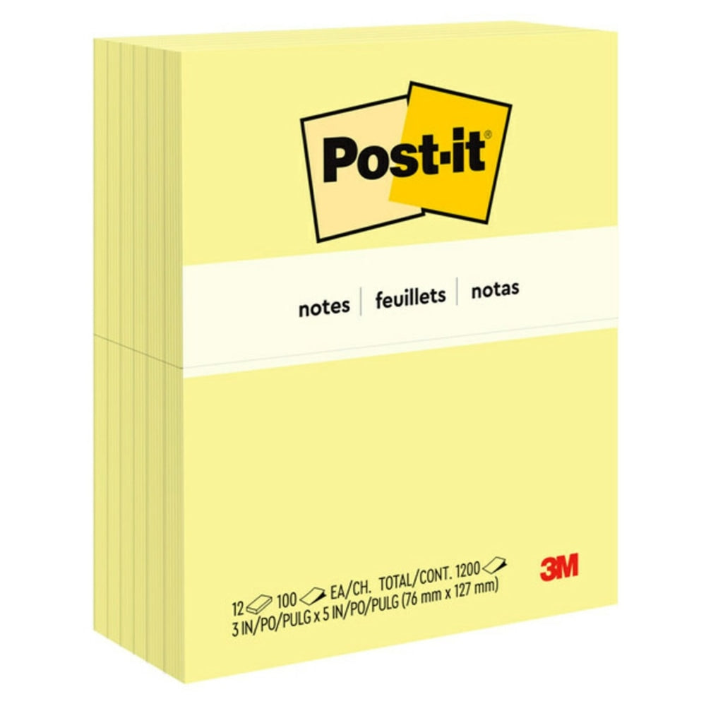 Post-it Notes, 3 x 5 in, 12 Sticky Note Pads, 100 Sheets/Pad, Clean Removal, Back to School Supplies and Office Supplies, Canary Yellow