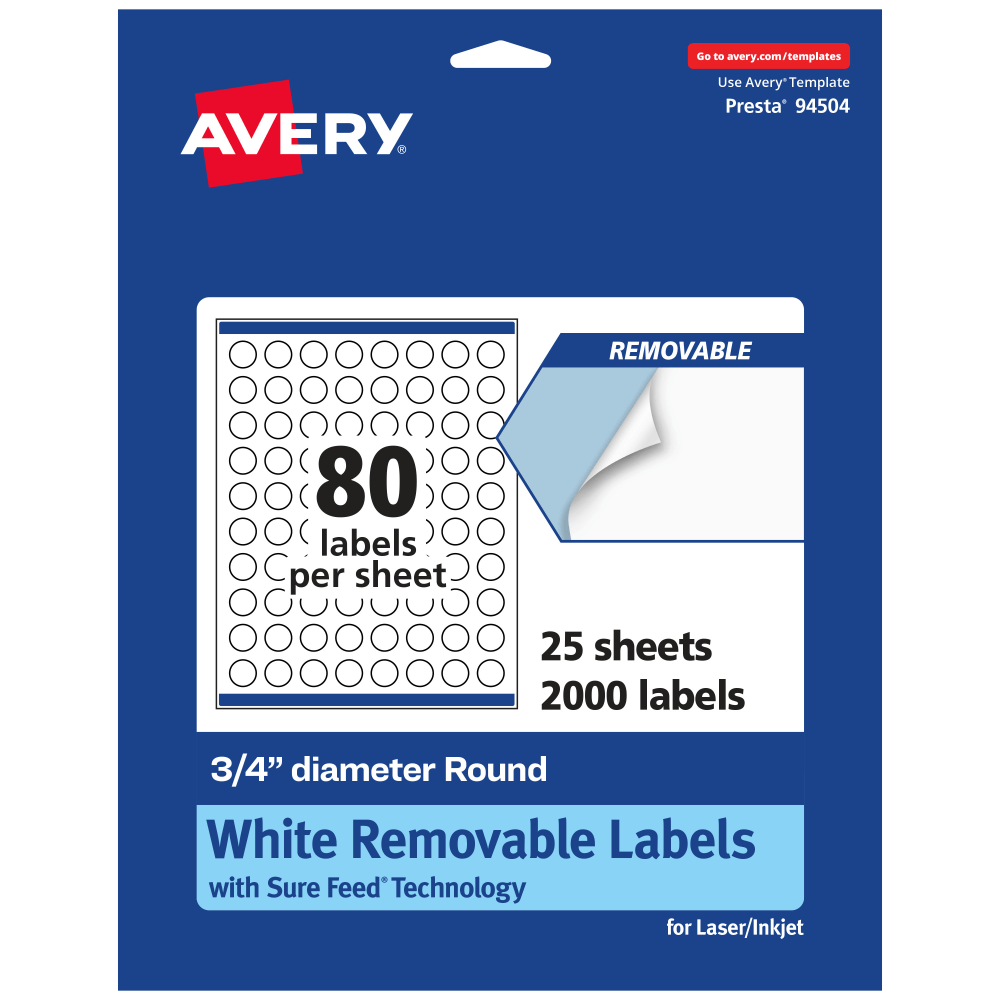 Avery Removable Labels With Sure Feed, 94504-RMP25, Round, 3/4in Diameter, White, Pack Of 2,000 Labels
