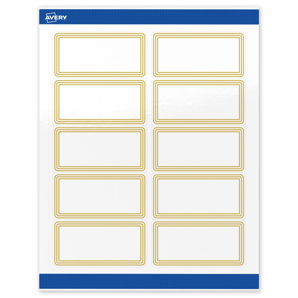 Avery Printable Labels & Sure Feed, S00-DHR-PRWGP10, 2in x 4in, Glossy White, Preprinted Multi-Lined Gold Border Design, Pack Of 100