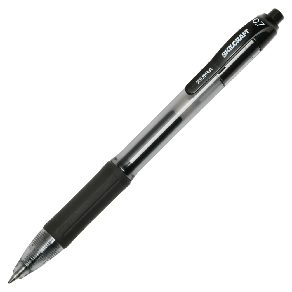 SKILCRAFT Zebra Gel-Ink Retractable Rollerball Pens, 0.7 mm, Medium Point, Black Barrel, Black Ink, Pack Of 12 (AbilityOne 7520-01-647-3133)