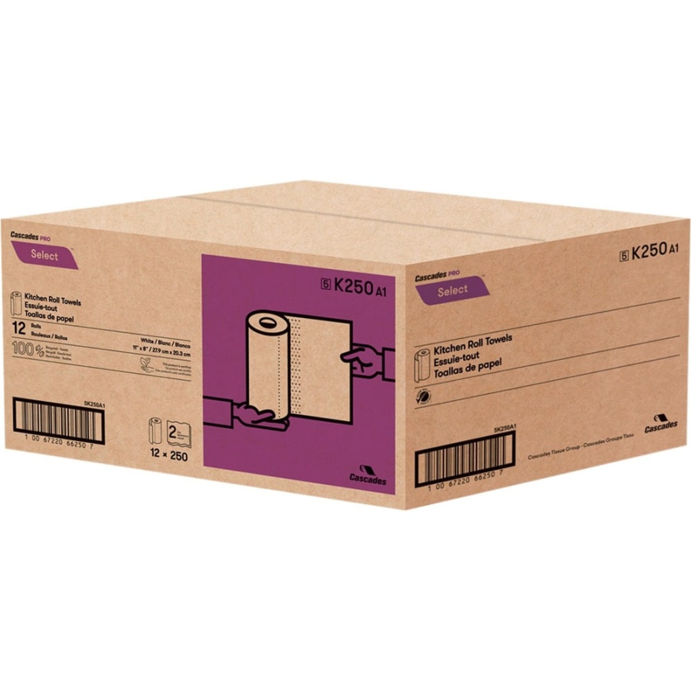 Cascades PRO Select Kitchen Roll Towels, 2-Ply, 8 x 11, 250/Roll, 12/Carton
