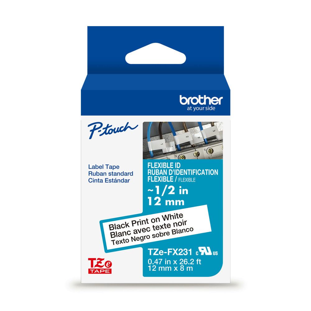 Brother P-touch TZeFX231, Flexible ID Laminated, ~1/2in x 26.2 ft (12mm x 8m), Black on White Label Tape