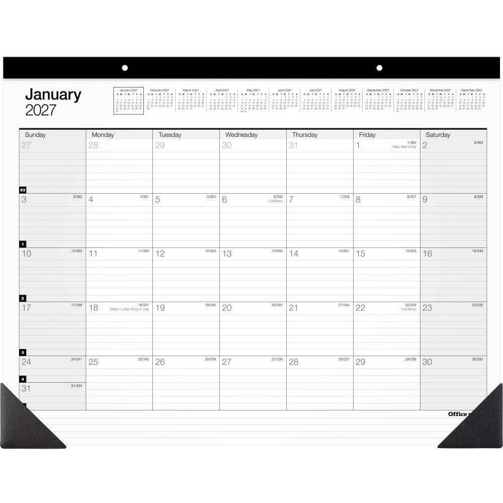 Office Depot Brand Monthly Desk Pad Calendar, 21 3/4in x 17in, White/Black, January 2027 to December 2027, SP24D0027