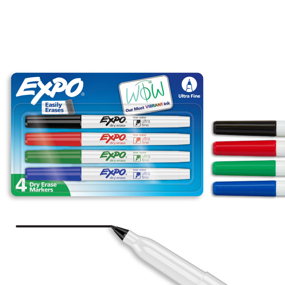 EXPO Low-Odor Dry-Erase Markers, Ultra-Fine Point, Assorted Colors, Pack Of 4