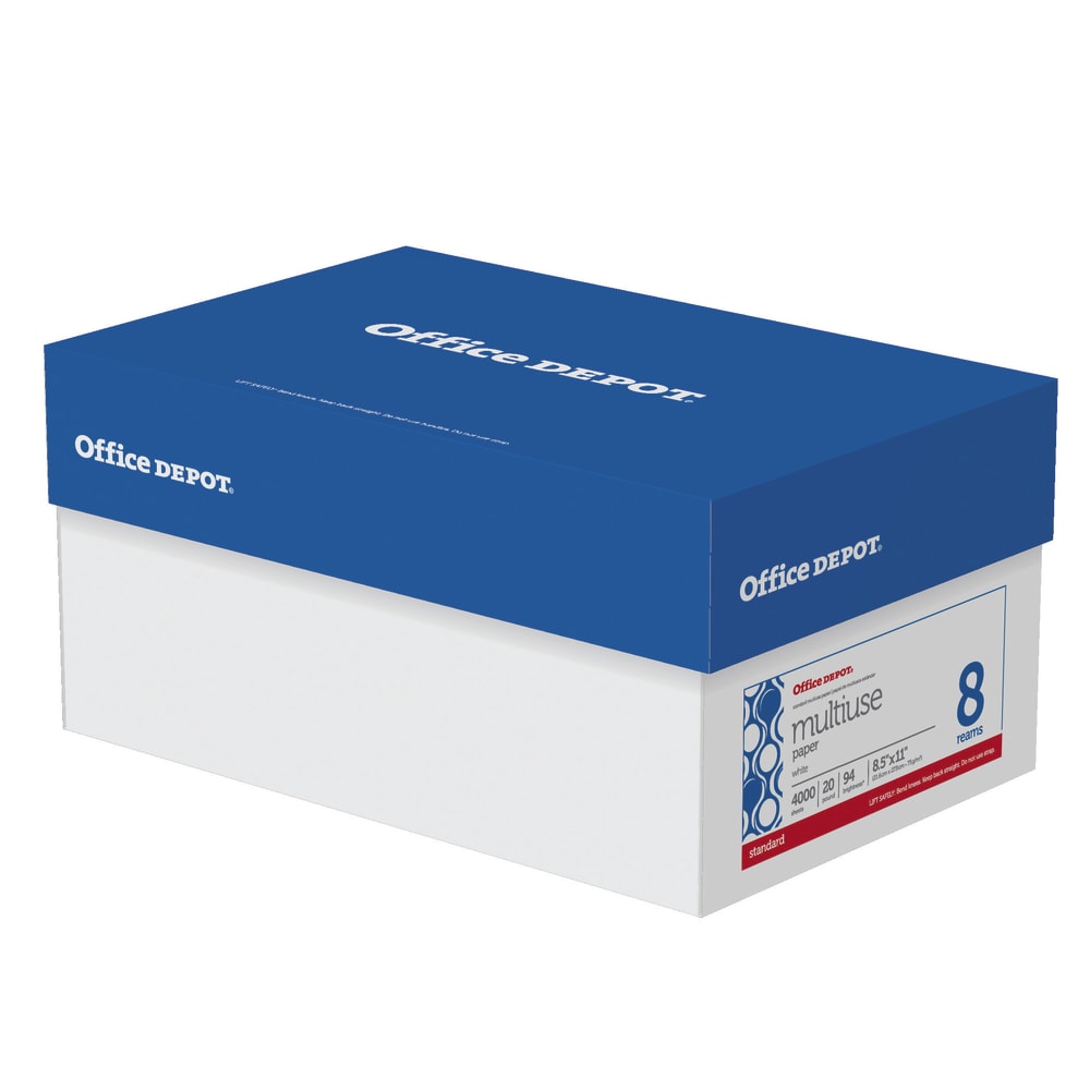 Office Depot Multi-Use Printer & Copy Paper, 8 Reams, White, Letter (8.5in x 11in), 4000 Sheets Per Case, 20 Lb, 94 Brightness