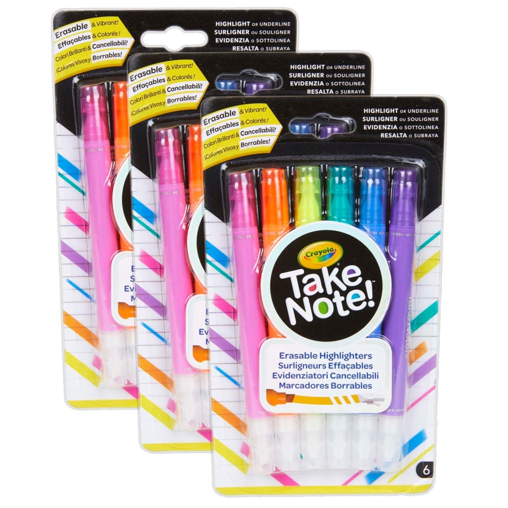 Crayola Take Note! Erasable Highlighters, 6 Per Pack, Set Of 3 Packs