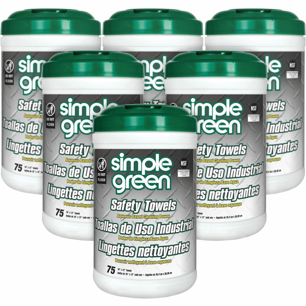 Simple Green Multi-Purpose Cleaning Safety Towels - 10in Width x 11.75in Length - Green - 75 Tub - 6 / Carton