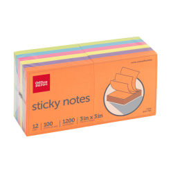 Office Depot Brand Sticky Notes, 3in x 3in, Assorted Vivid Colors, 100 Sheets Per Pad, Pack Of 12 Pads