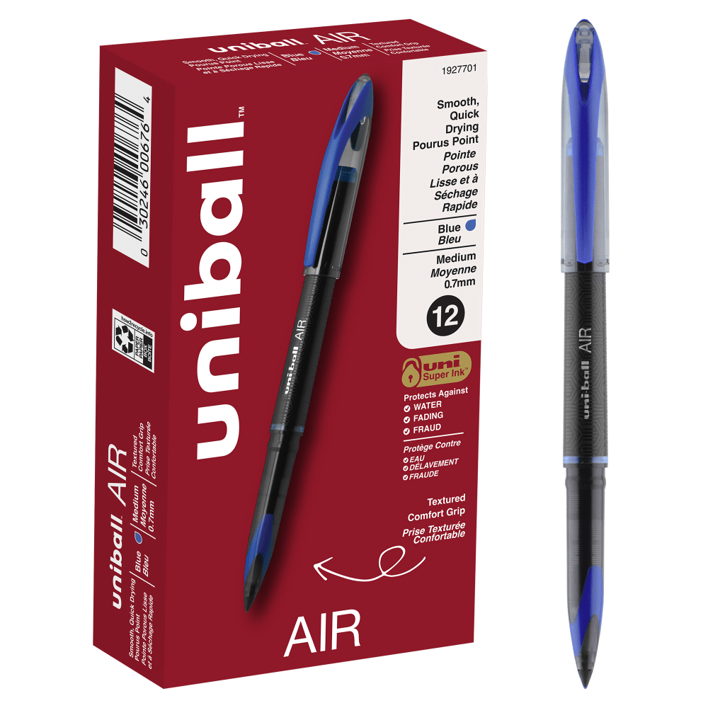 uni-ball AIR Rollerball Pen, Medium Point, 0.7 mm, Black Barrel, Blue Ink, Pack Of 12