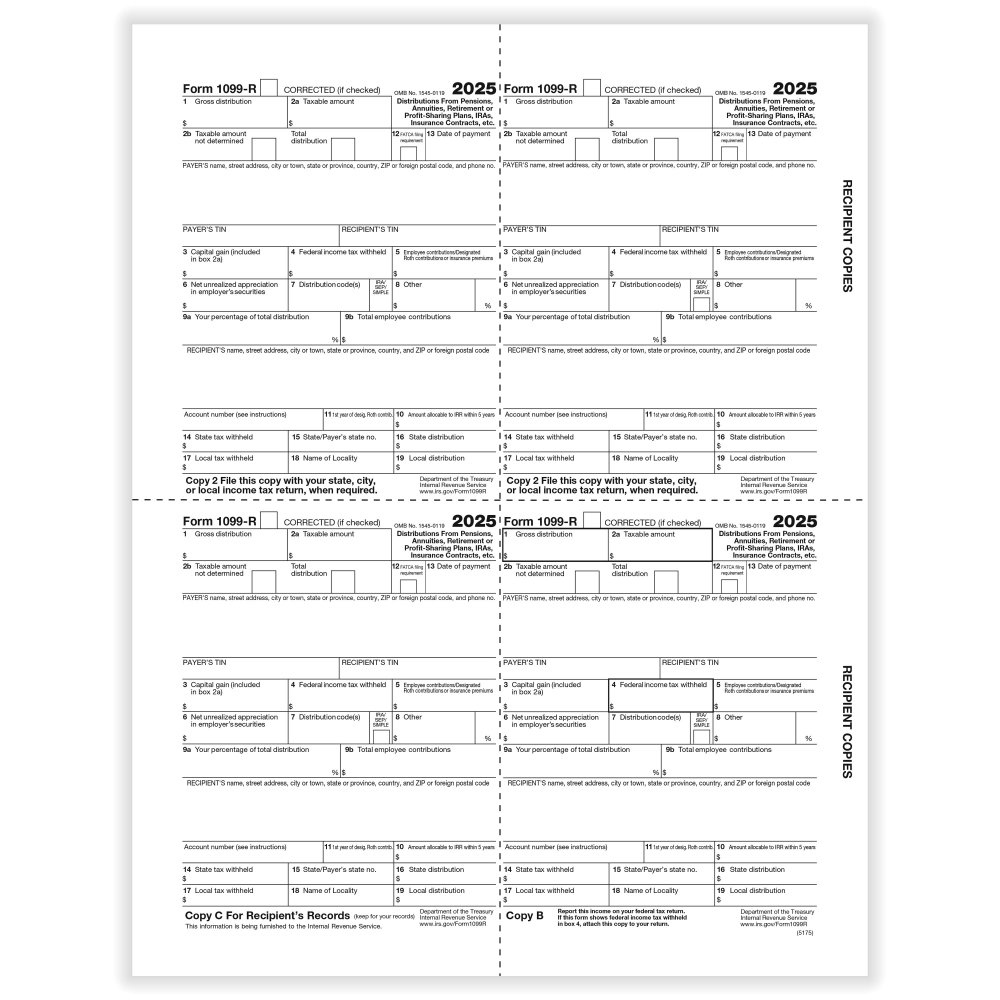 ComplyRight 1099-R Tax Forms, 4-Up (Box-Format), Copies B, C, 2, 2, 8-1/2in x 11in, Pack Of 500 Forms, 5175B25