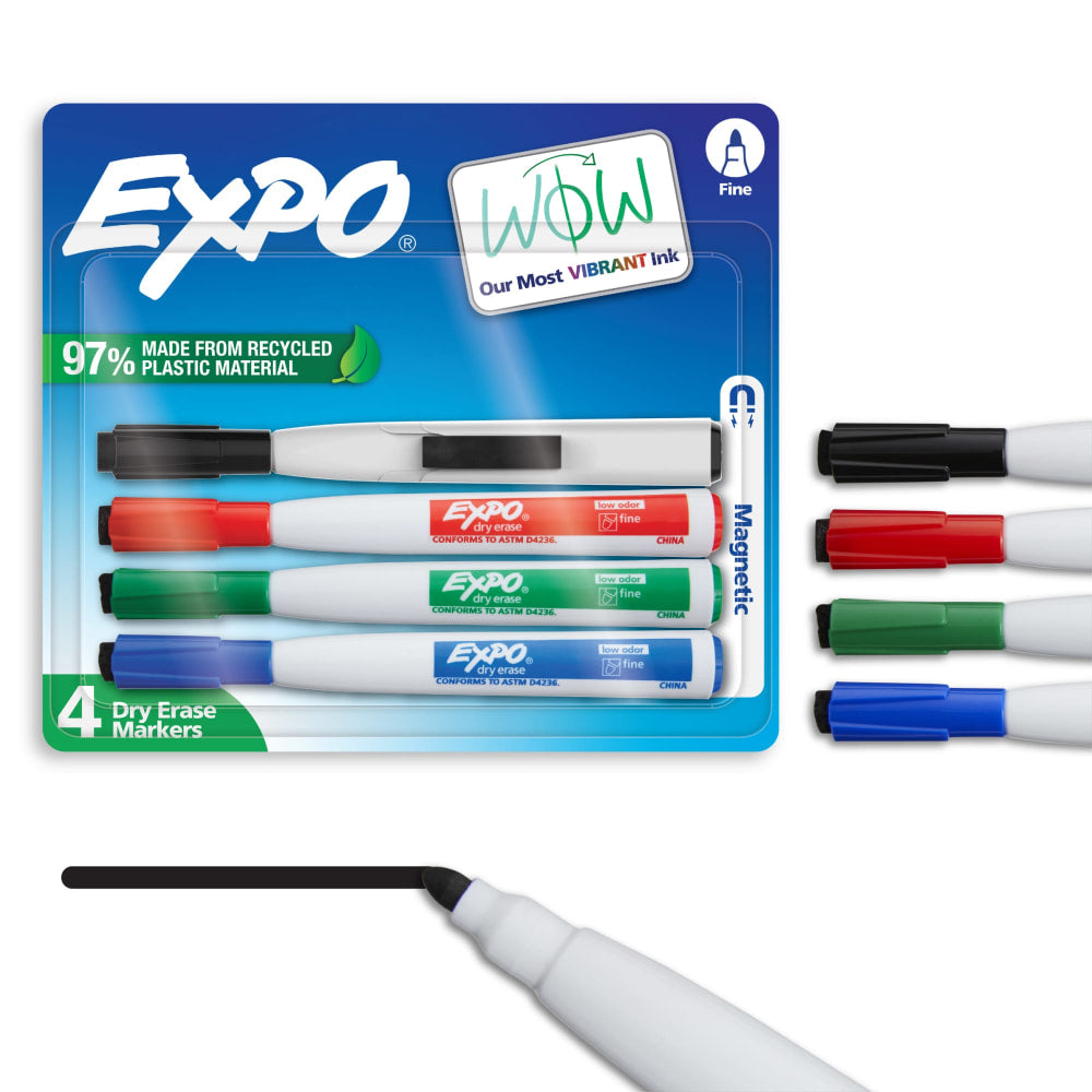 EXPO Magnetic Dry Erase Markers With Eraser, Fine Tip, Assorted Ink Colors, Pack Of 4