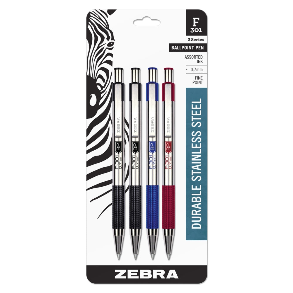 Zebra Pen F-301 Stainless Steel Retractable Ballpoint Pens, Pack Of 4, Fine Point, 0.7 mm, Silver Barrel, Assorted Ink Colors