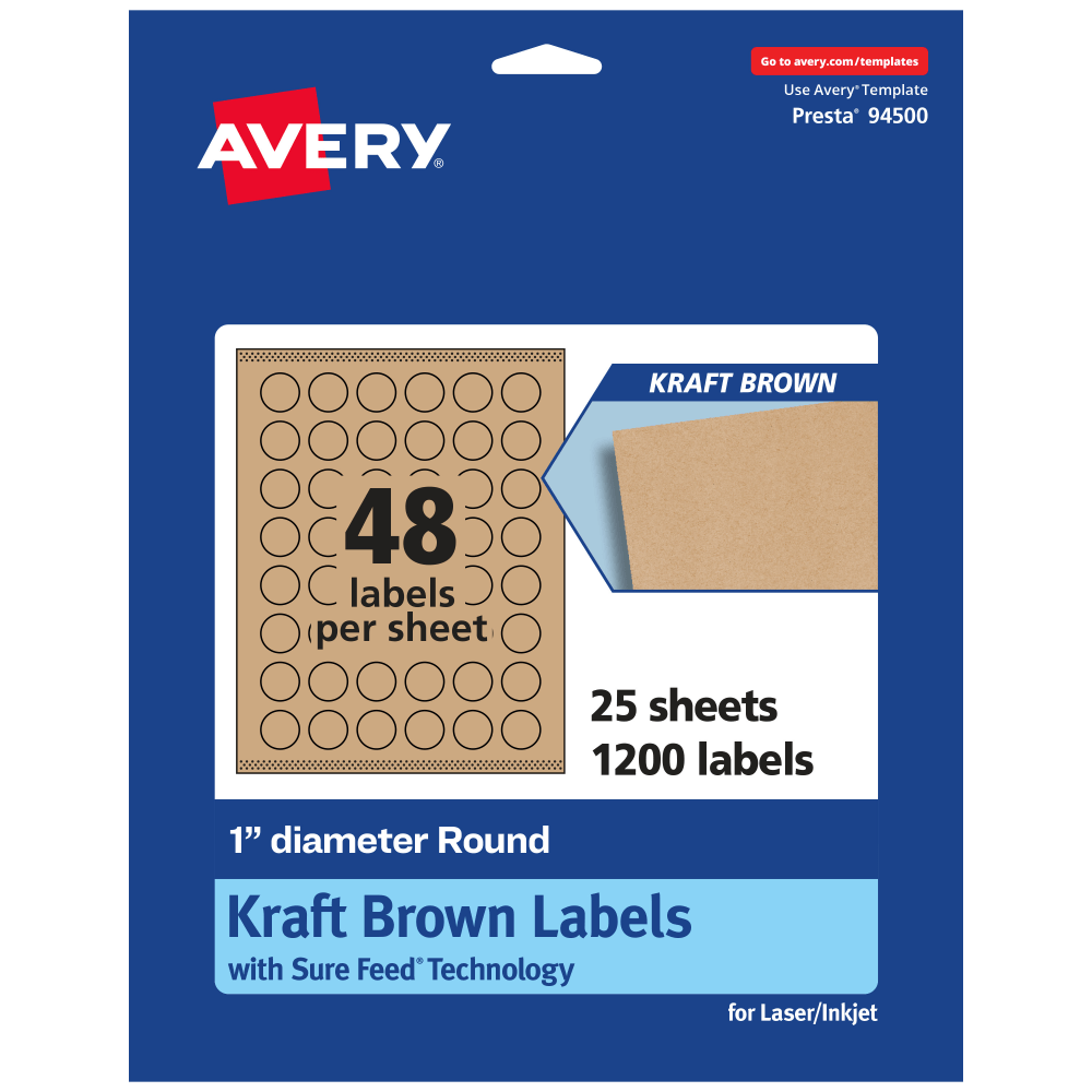 Avery Kraft Permanent Labels With Sure Feed, 94500-KMP25, Round, 1in Diameter, Brown, Pack Of 1,200