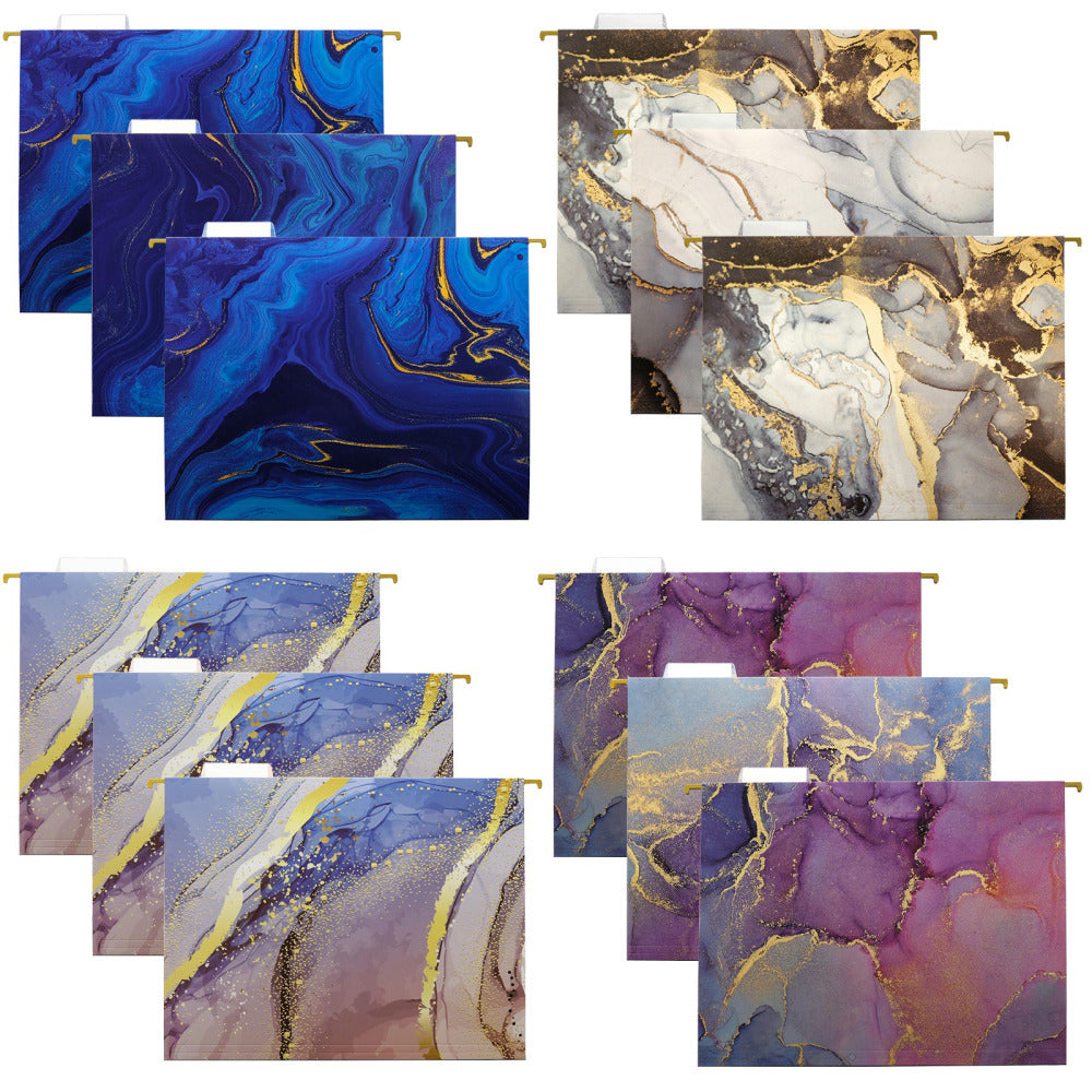 Global Deluxe Designer Printed Hanging File Folders, 1/5 Cut, Letter Size, Assorted Marble, Pack Of 12 Folders