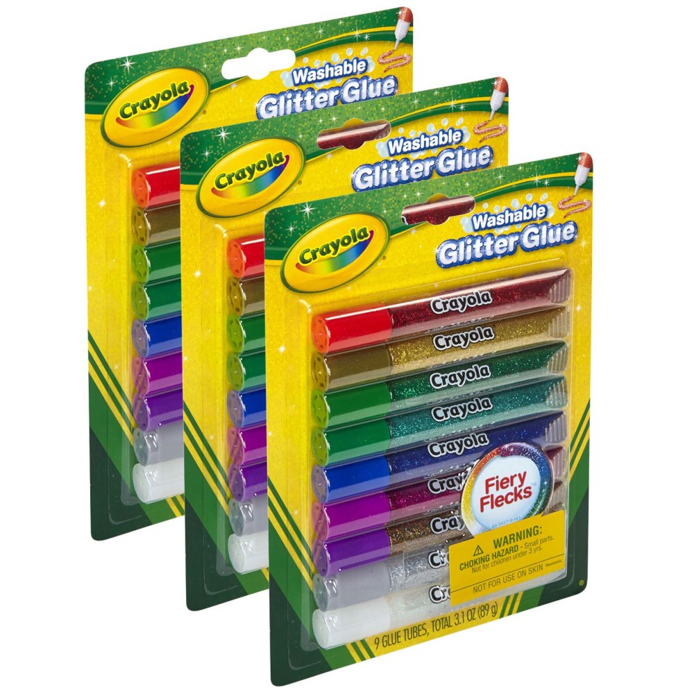 Crayola Bold Washable Glitter Glue With Fiery Flecks, 0.35 Fl Oz, Assorted Colors, 9 Glue Sticks Per Pack, Set Of 3 Packs