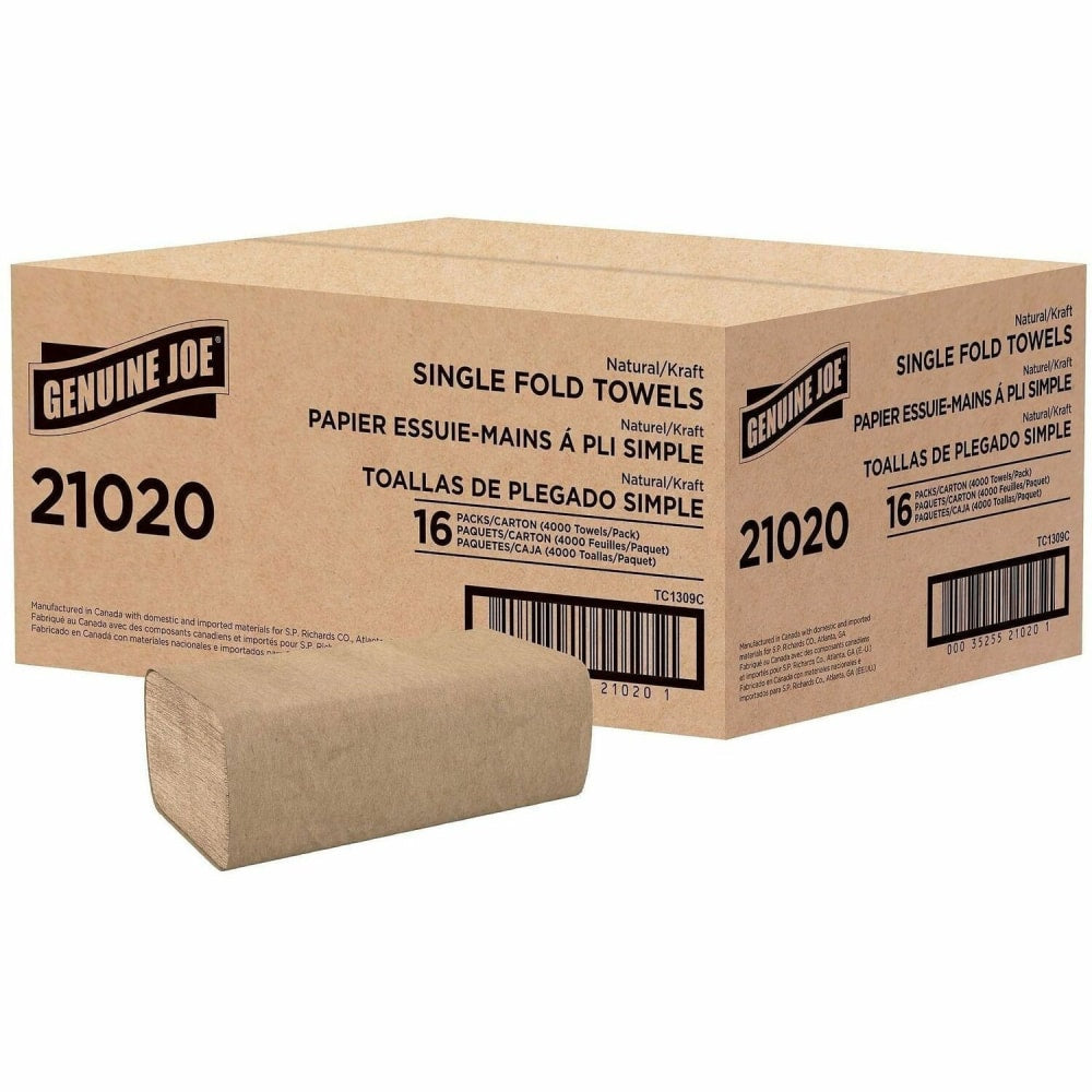 Genuine Joe Single-Fold 1-Ply Paper Towels, Natural, Pack Of 4000 Sheets