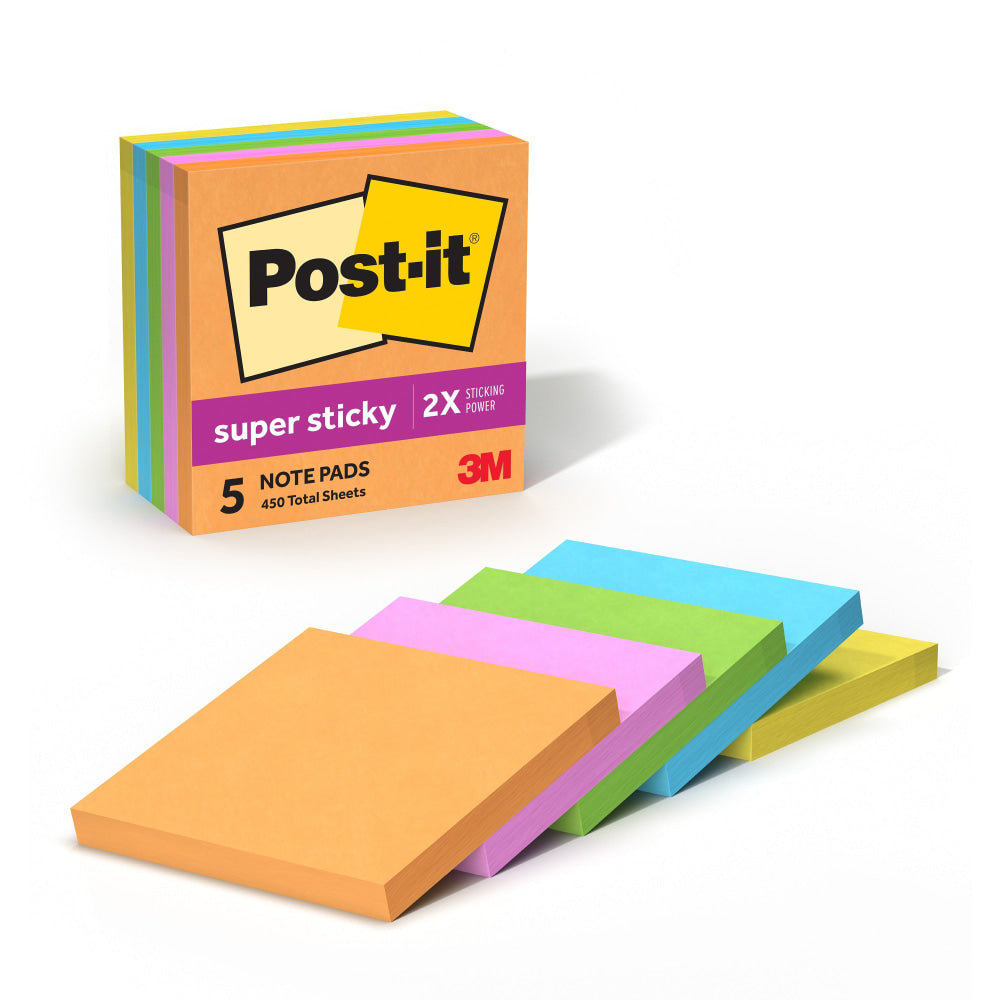 Post-it Super Sticky Notes, 3 x 3 in, 5 Sticky Note Pads, 90 Sheets/Pad, 2X the Sticking Power, School Supplies and Office Products, Energy Boost