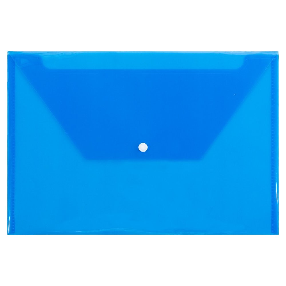 JAM Paper Plastic Booklet Envelopes, Legal Size, 9 3/4in x 14 1/2in, Snap Closure, Blue, Pack Of 12