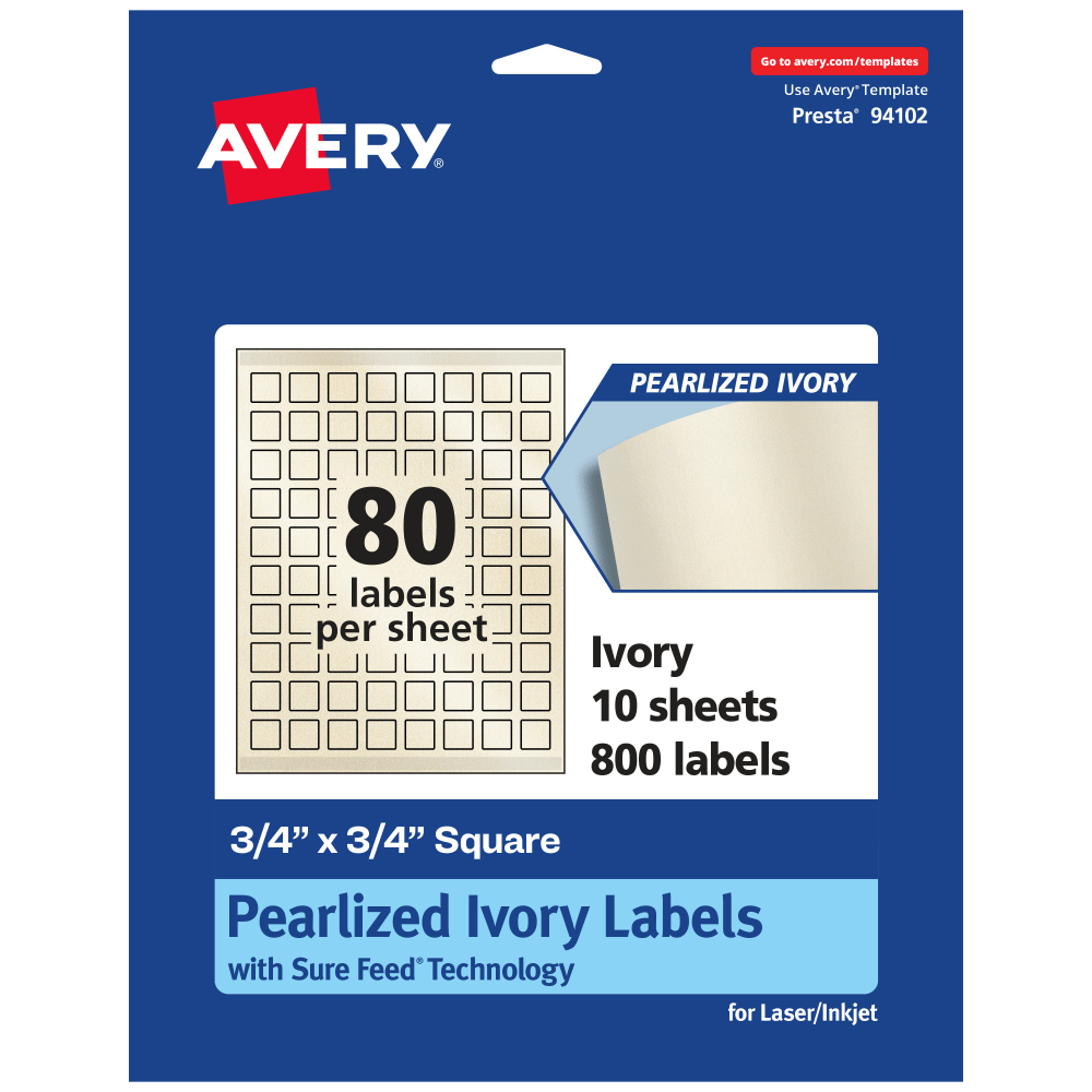 Avery Pearlized Permanent Labels With Sure Feed, 94102-PIP10, Square, 3/4in x 3/4in, Ivory, Pack Of 800 Labels