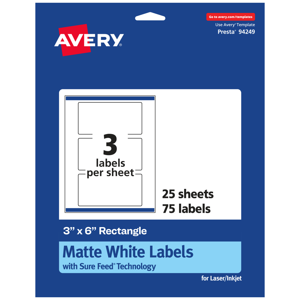 Avery Permanent Labels With Sure Feed, 94249-WMP25, Rectangle, 3in x 6in, White, Pack Of 75