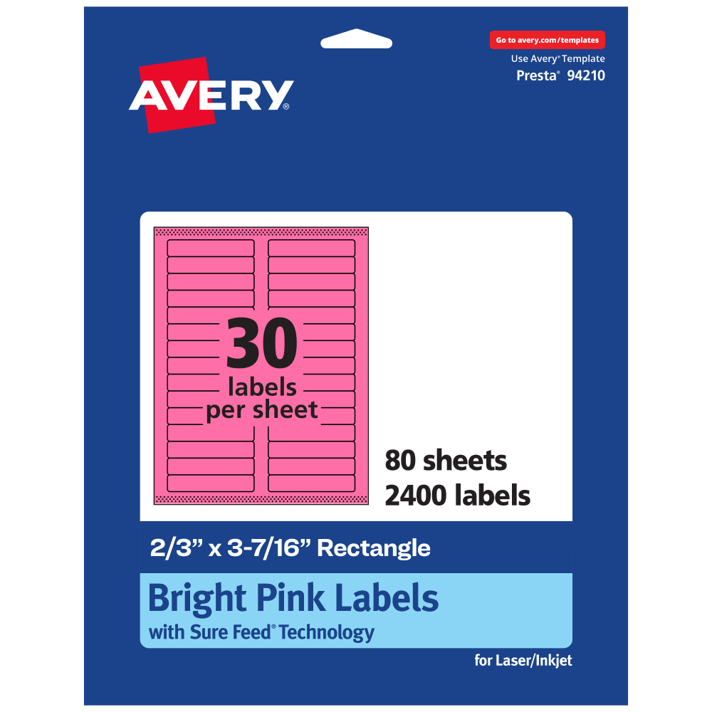 Avery Printable Labels With Sure Feed Technology, 94210-BPP80, Rectangle, 2/3in x 3-7/16in, Matte Bright Pink, Pack of 2400