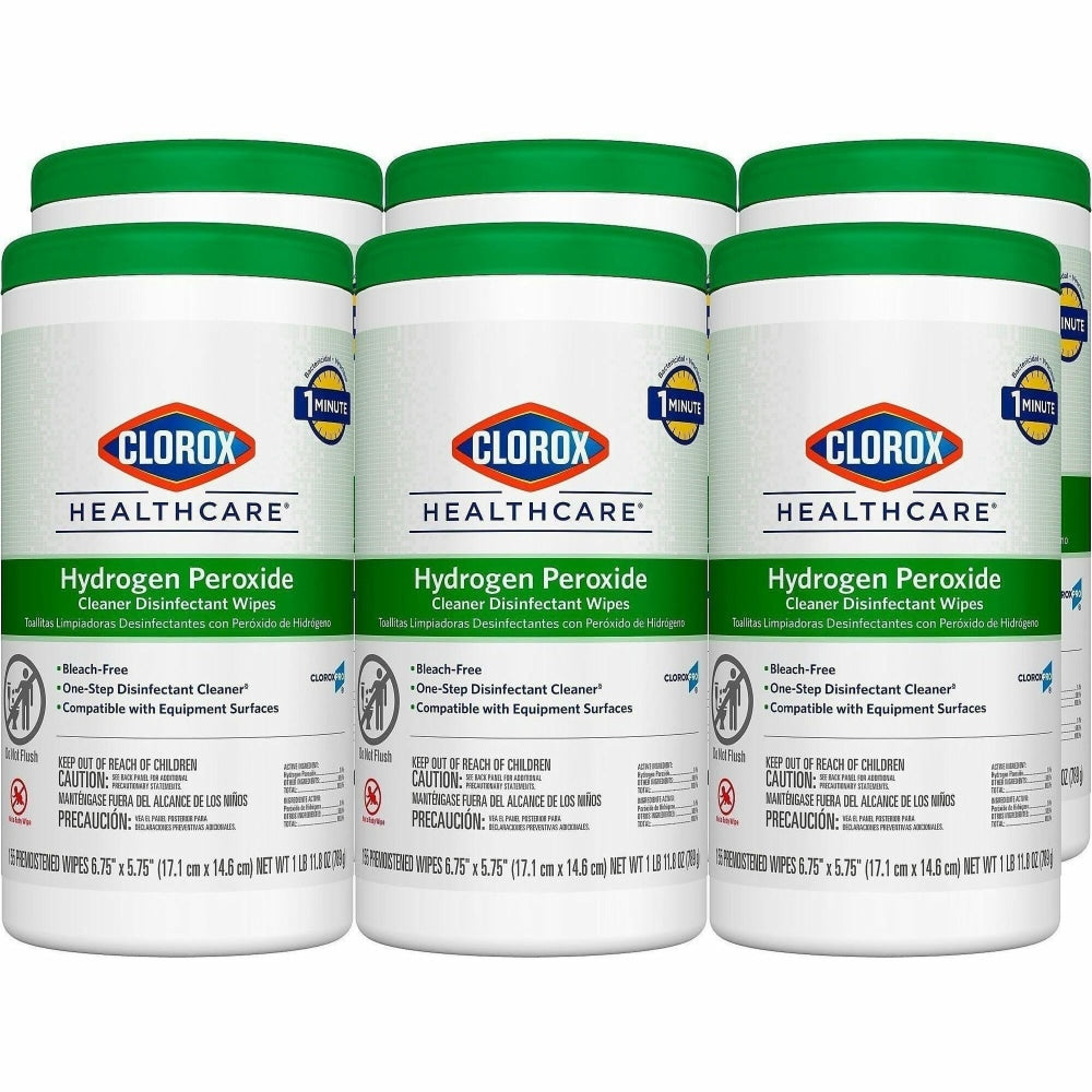 Clorox Healthcare Hydrogen Peroxide Cleaner Disinfectant Wipes - 5.75in Lx6.75in W - Bleach-free, Antibacterial - White - 155/Tub - 450/Pallet - 30825PL