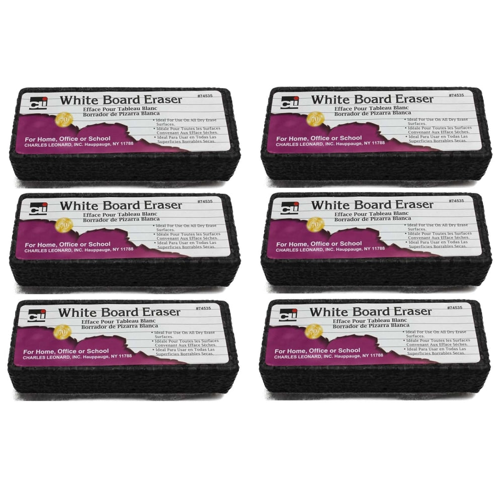Charles Leonard Whiteboard Erasers, 5in x 2in, Gray/Black, Pack Of 6 Erasers